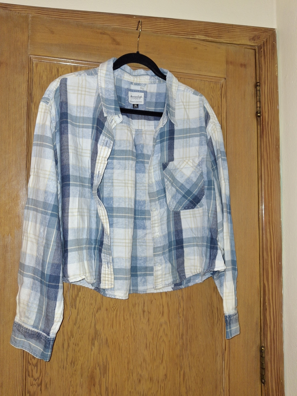 American Eagle Outfitters Light Blue & White Plaid Cropped Button-Down